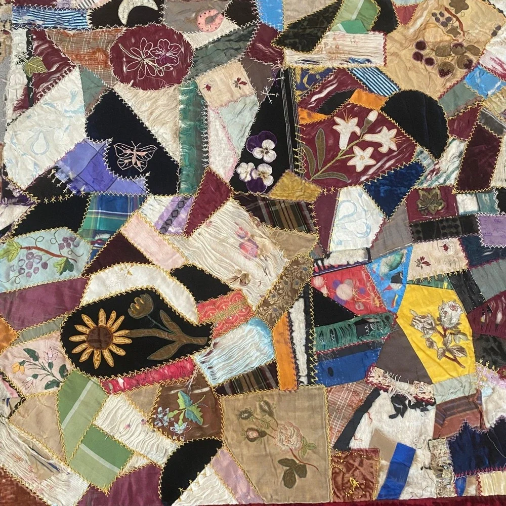Antique Victorian Crazy Quilt Hand Embroidered Silk Velvet Patchwork Red Damaged